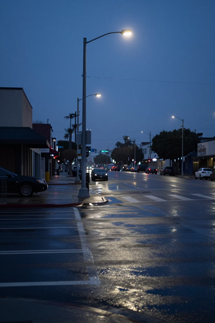 Predawn Los Angeles Street Corner with Grease Sheen on Saucer Edge in in Los Angeles, California, United States