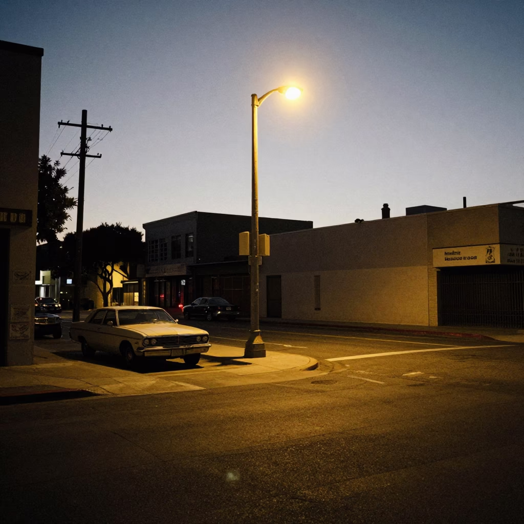 Predawn Los Angeles Street Corner with Vintage Car and Streetlight Glow in in Los Angeles, California, United States