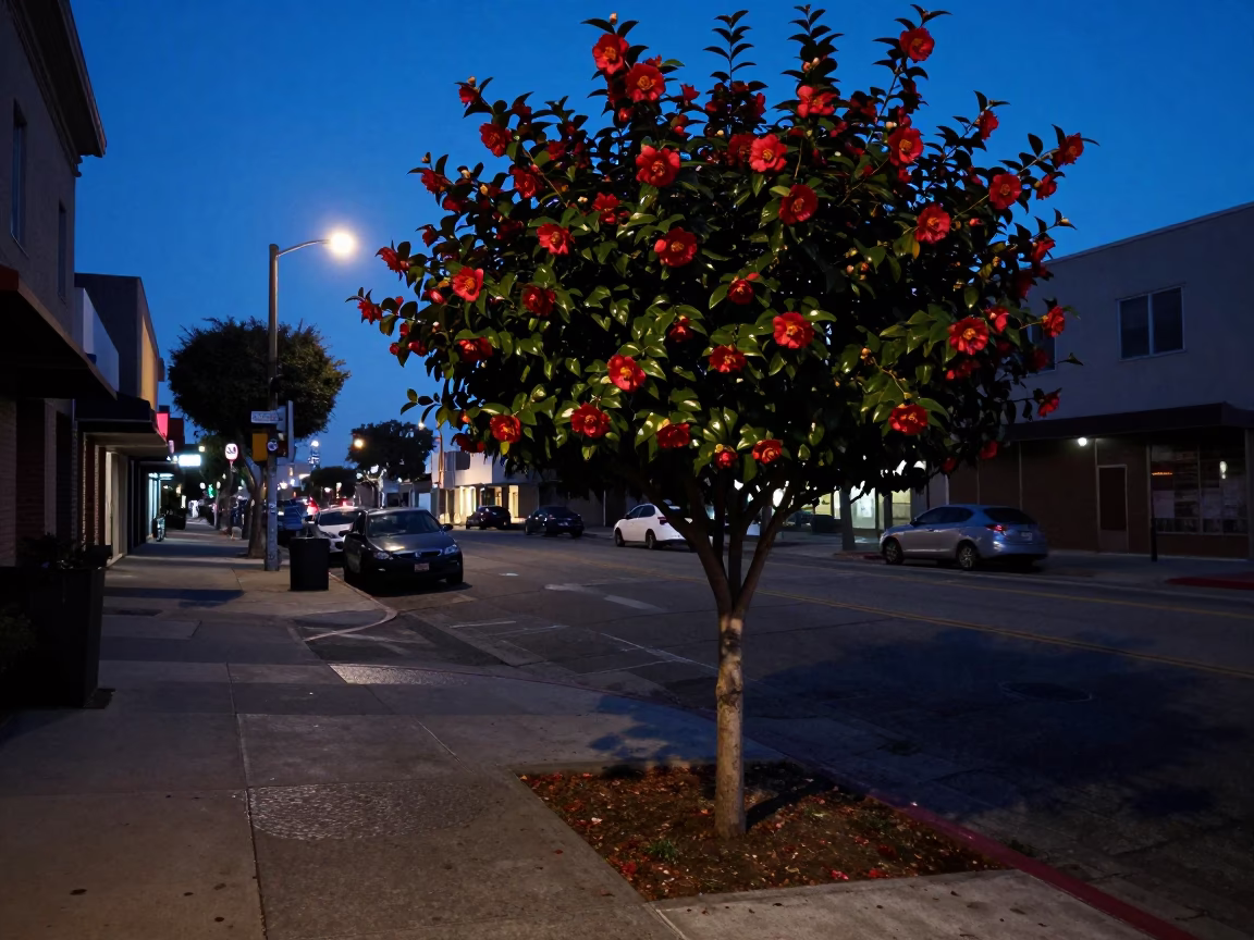 Predawn Los Angeles Street Scene with Camellia Bush and Urban Details in in Los Angeles, California, United States