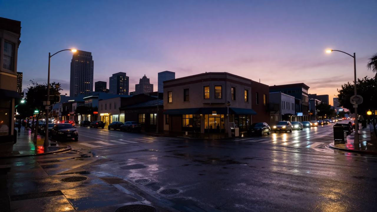 Predawn Los Angeles Street Scene with Condensation and Urban Details in in Los Angeles, California, United States