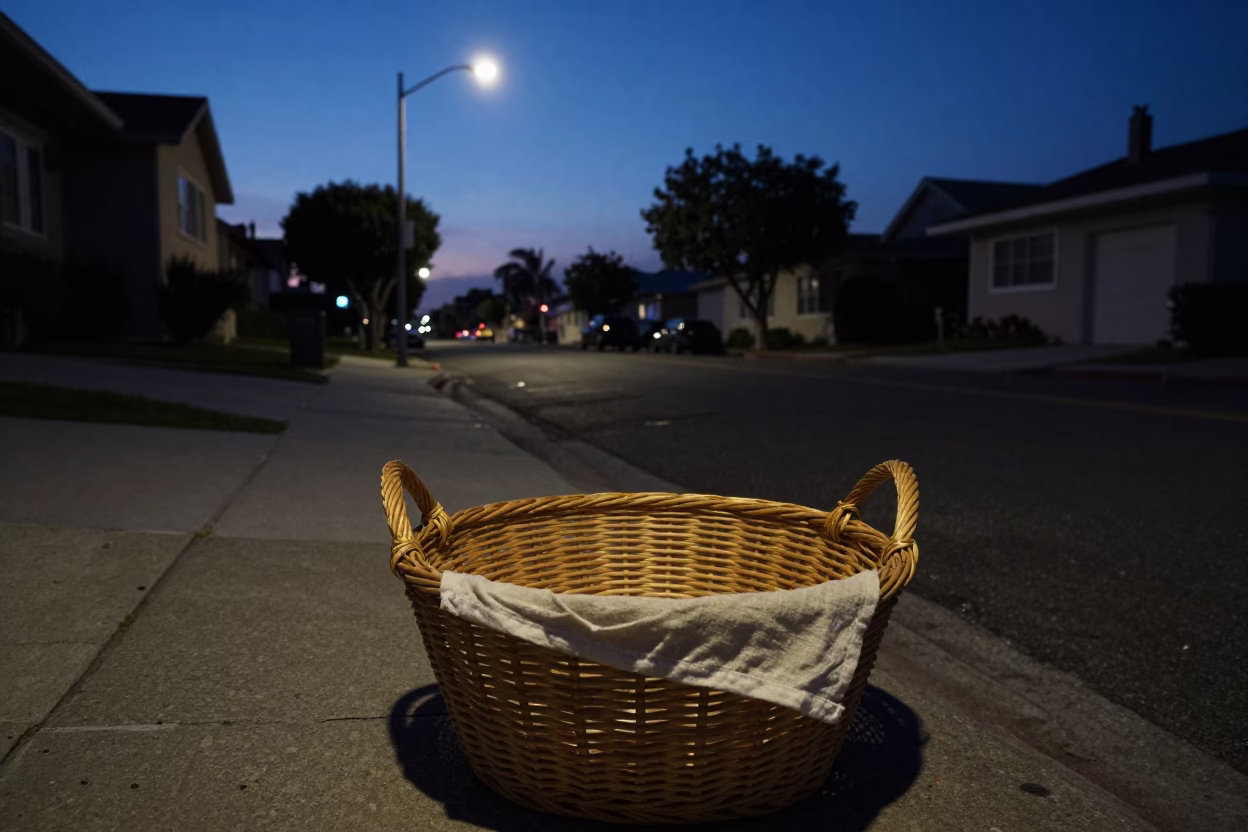 Predawn Los Angeles street scene with empty basket and linen fringe detail in in Los Angeles, California, United States