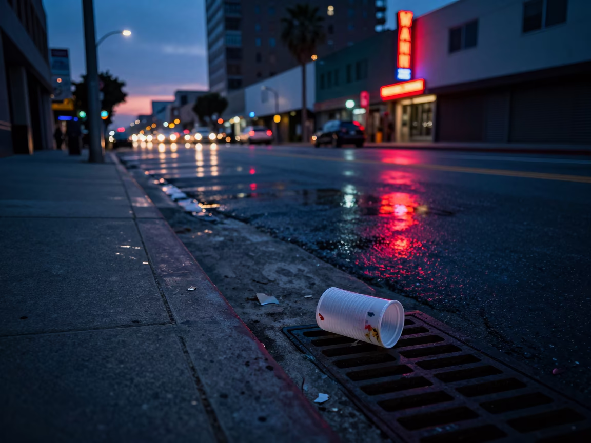 Predawn Los Angeles Street Scene with Neon Reflections and Urban Details in in Los Angeles, California, United States