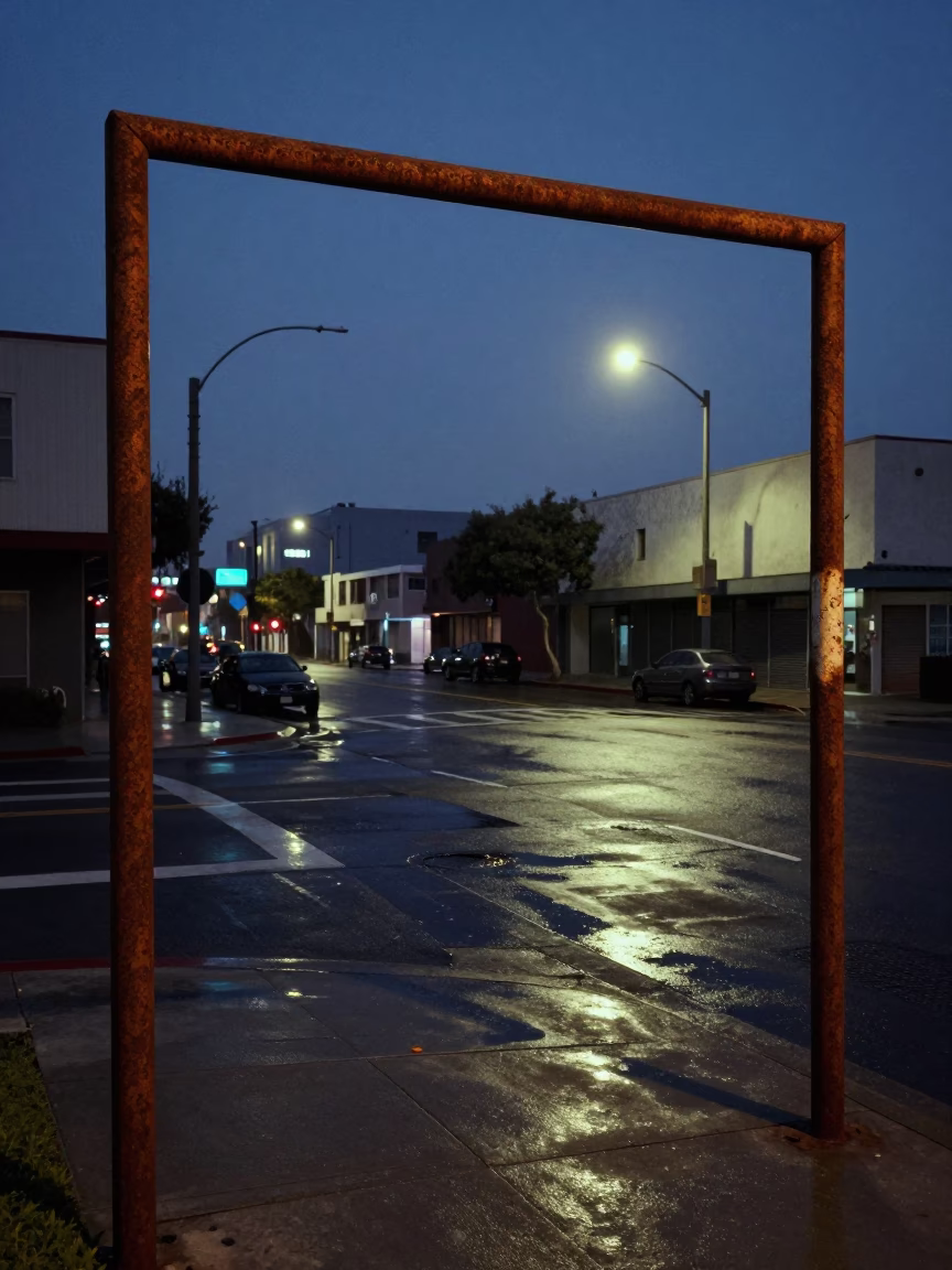 Predawn Los Angeles Street Scene with Rusty Metal Frame and Peg Rails in Darkness in in Los Angeles, California, United States
