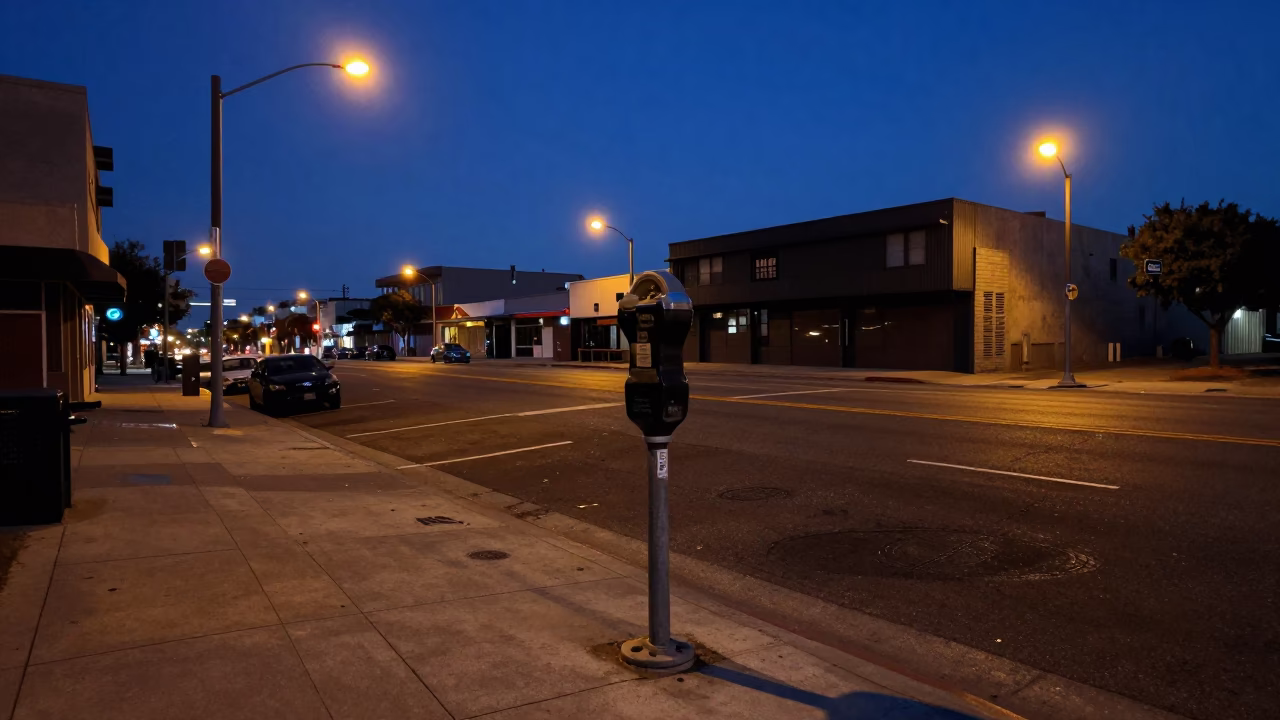 Predawn Los Angeles Street Scene with Single Parking Meter and Empty Asphalt in in Los Angeles, California, United States