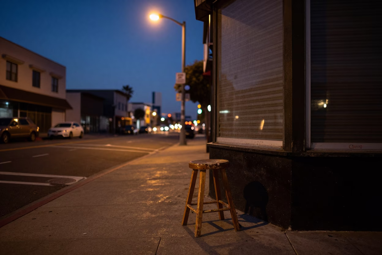 Predawn Los Angeles Street Scene with Vintage Work Stool and Notebook in in Los Angeles, California, United States