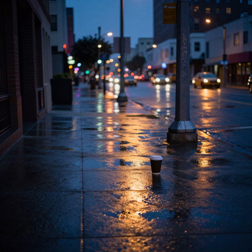 Predawn Los Angeles Street Scene with Wet Flagstones and Coffee Cup in California in in Los Angeles, California, United States