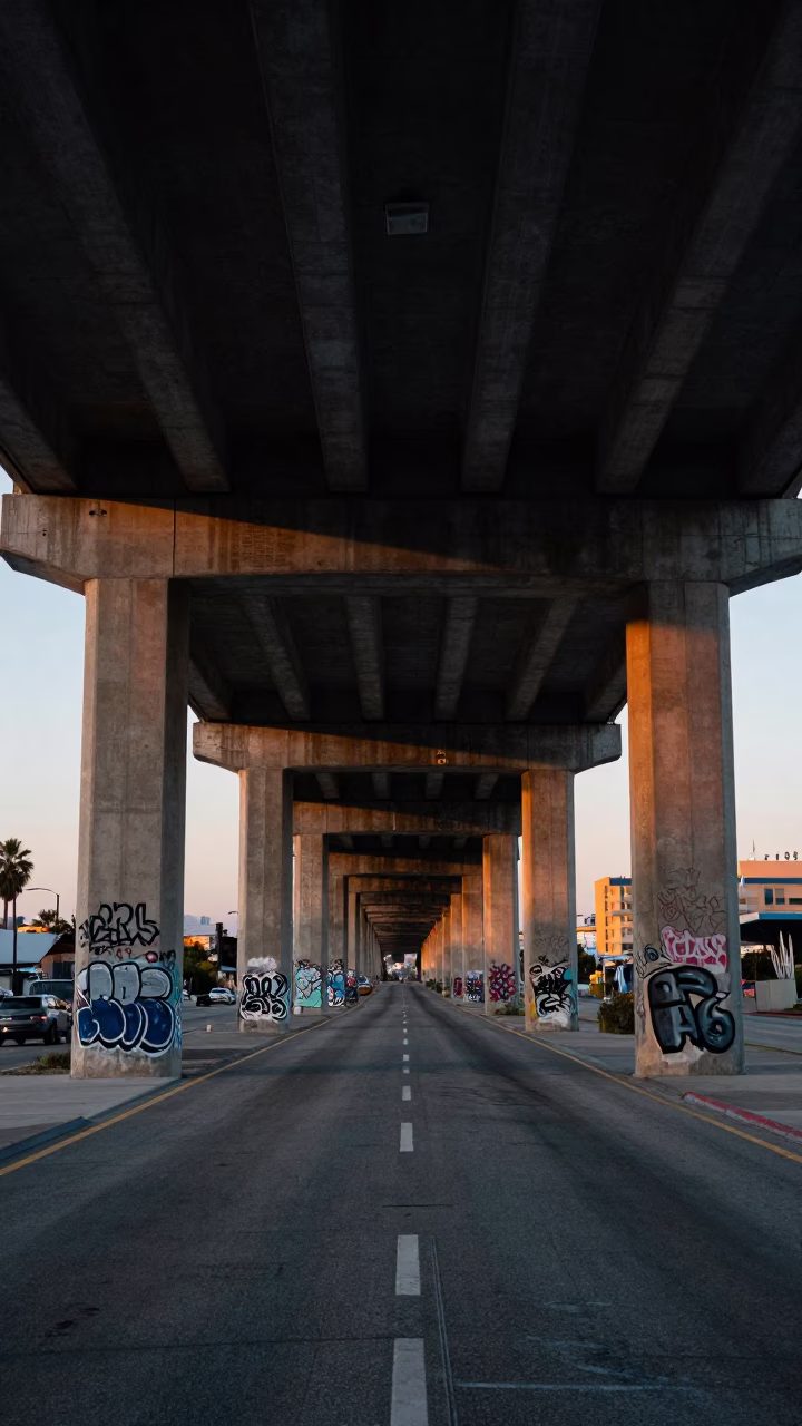 Predawn Los Angeles Underpass Concrete Pillars and Highway Shadows in in Los Angeles, California, United States