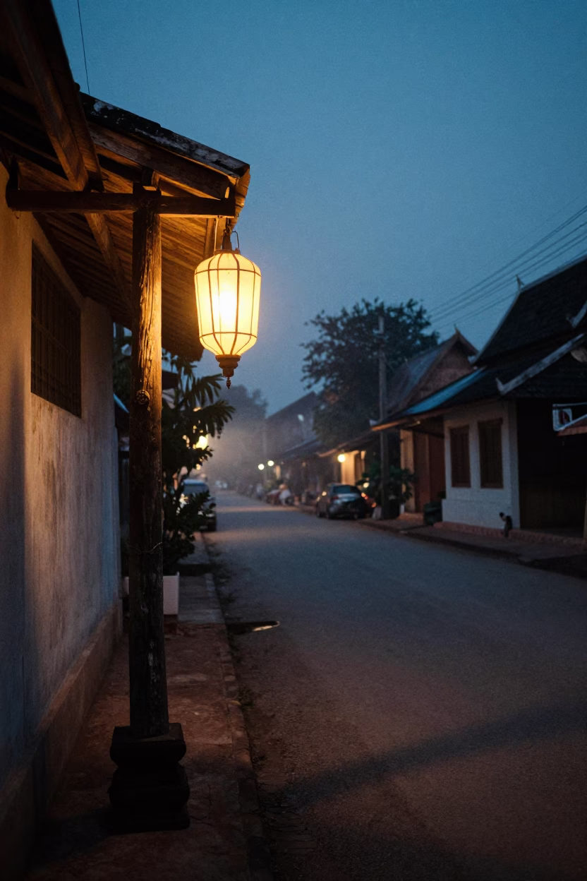 Predawn Luang Prabang Street Scene with Glowing Lantern and Traditional Alms Offering in in Luang Prabang, Laos
