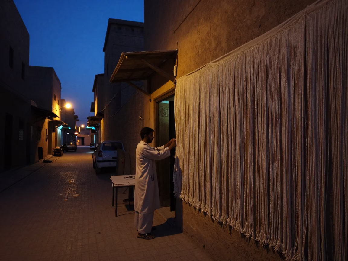 Predawn Luxor Egypt Street Scene with Linen Fringe Wall Detail in in Luxor, Egypt
