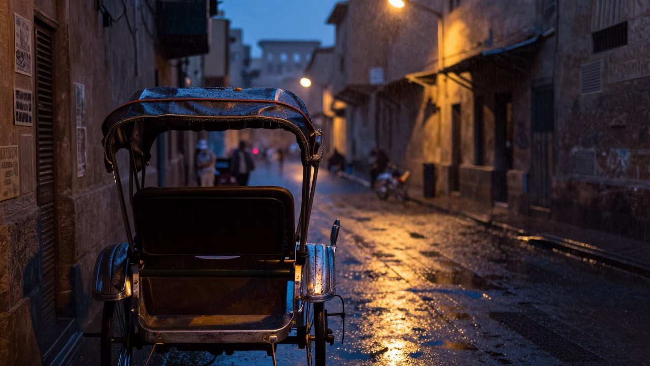 Predawn Luxor Egypt Street Scene with Rickshaw and Postcards in in Luxor, Egypt