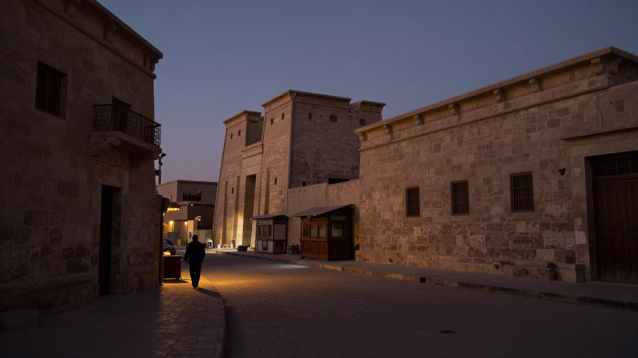 Predawn Luxor Egypt street scene with stone architecture and quiet morning ambiance in in Luxor, Egypt