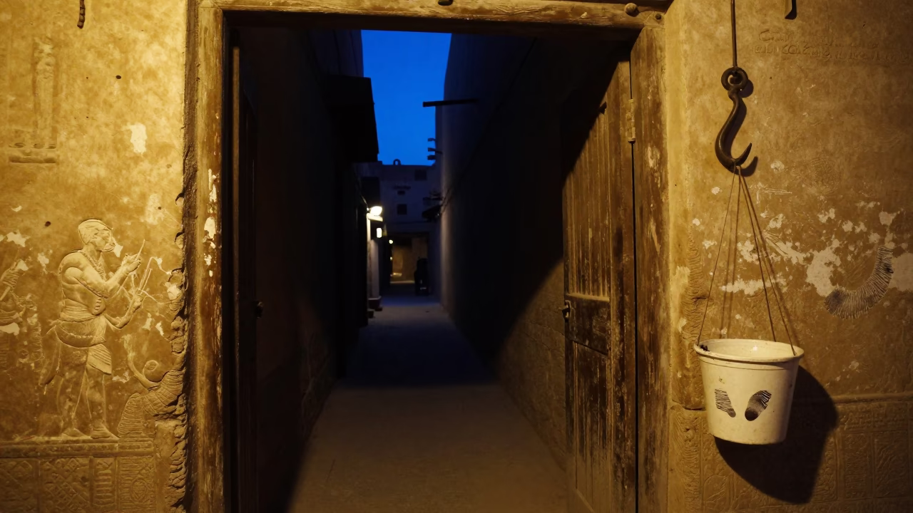 Predawn Luxor Street Scene Iron Hook and Fingerprinted Bucket in Egyptian Darkness in in Luxor, Egypt