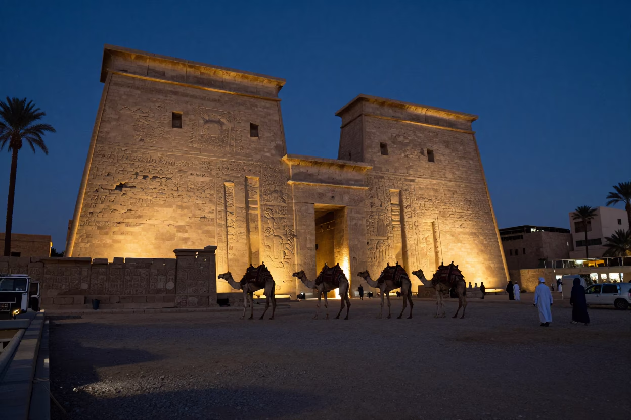 Predawn Luxor Street Scene with Camel Caravan and Local Vendor in Darkness in in Luxor, Egypt