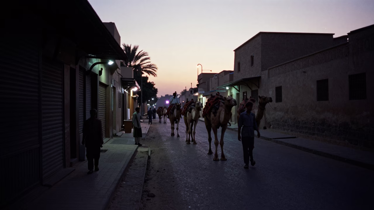 Predawn Luxor street scene with camel train and workers in darkness in in Luxor, Egypt