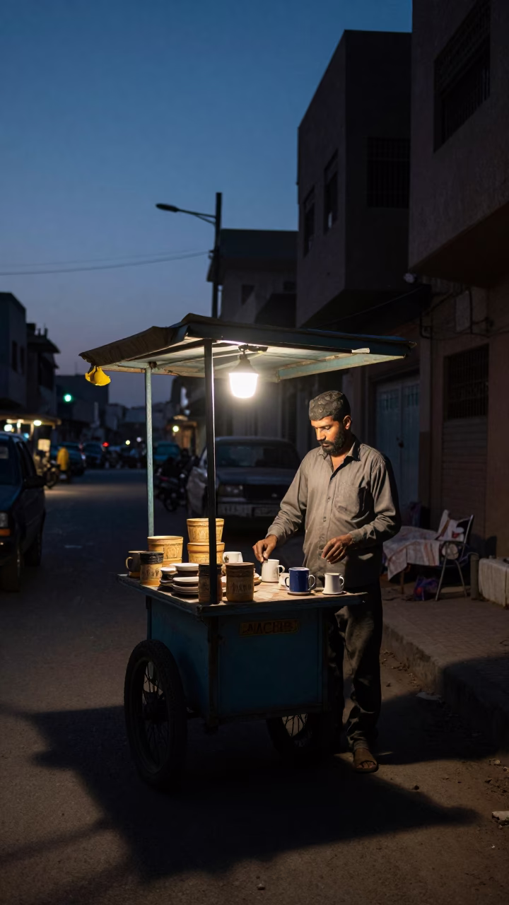 Predawn Luxor Street Scene with Coffee Mugs and Vintage Majolica Plate in in Luxor, Egypt