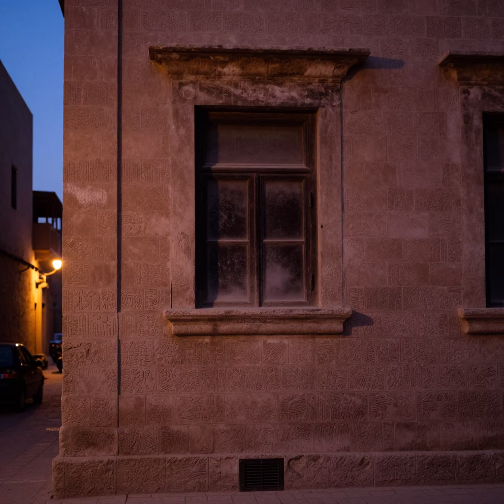 Predawn Luxor Street Scene with Dusty Window and Terracotta Bowls in in Luxor, Egypt