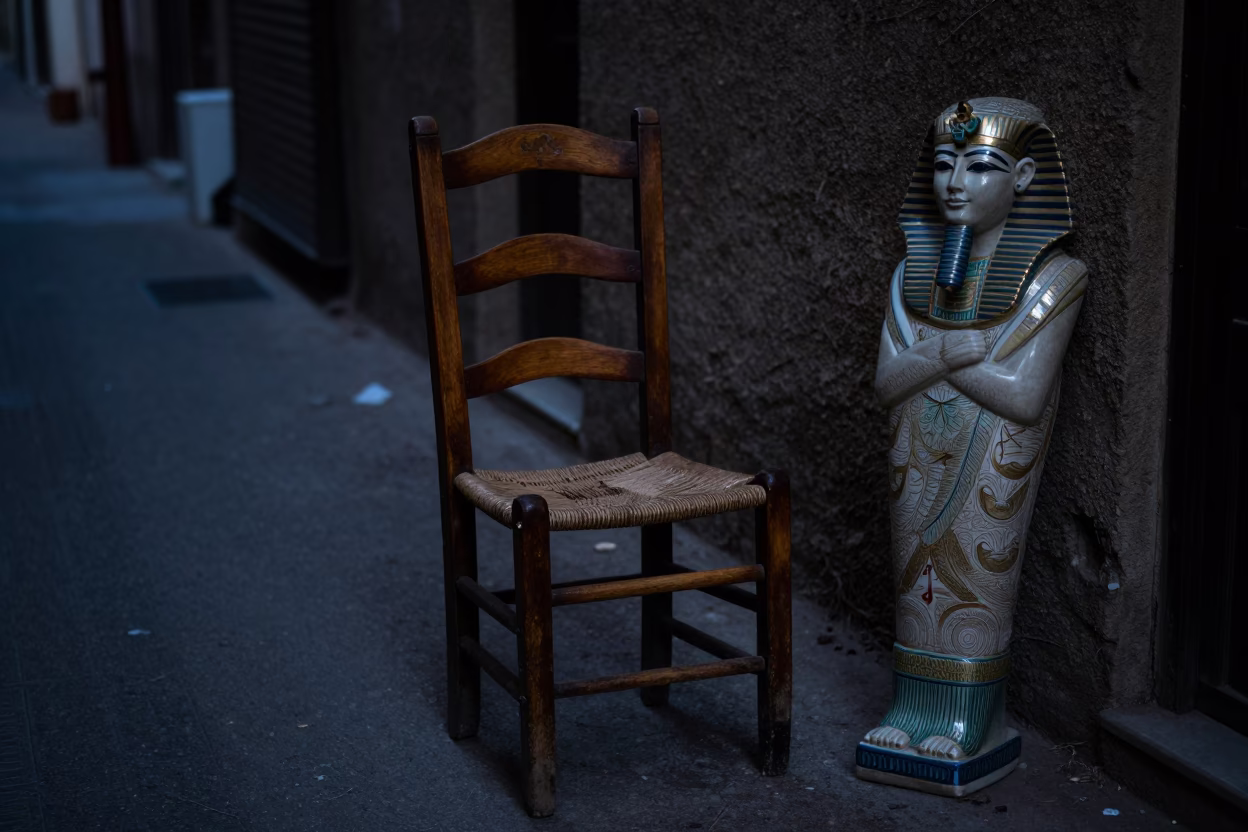 Predawn Luxor Street Scene with Ladder-Back Chair and Ceramic Mugs in in Luxor, Egypt