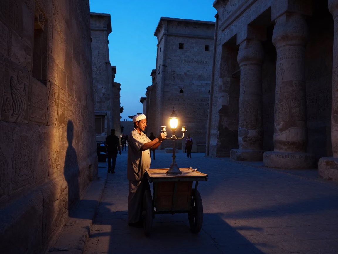 Predawn Luxor Street Scene with Lantern Light and Stone Architecture in in Luxor, Egypt