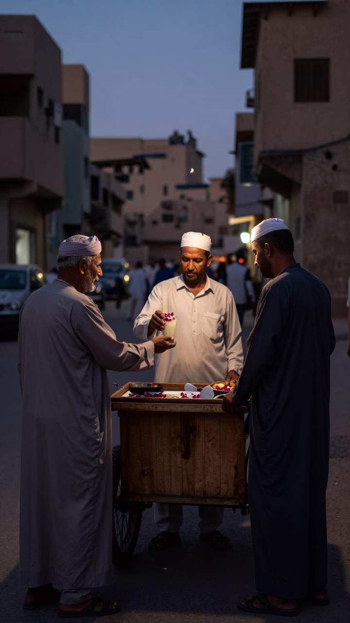 Predawn Luxor Street Scene with Lassi and Local Interaction in in Luxor, Egypt