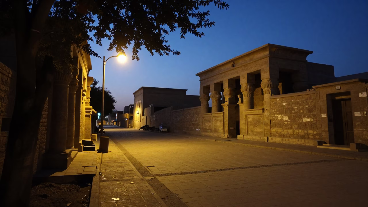 Predawn Luxor Street Scene with Leaf Shadows and Local Market Details in in Luxor, Egypt
