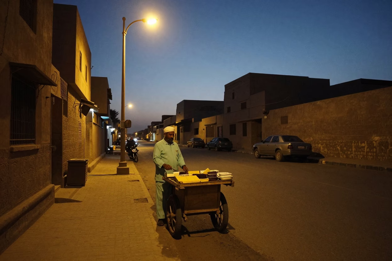 Predawn Luxor Street Scene with Local Vendor and Mint Leaves in 1980s Egypt in in Luxor, Egypt