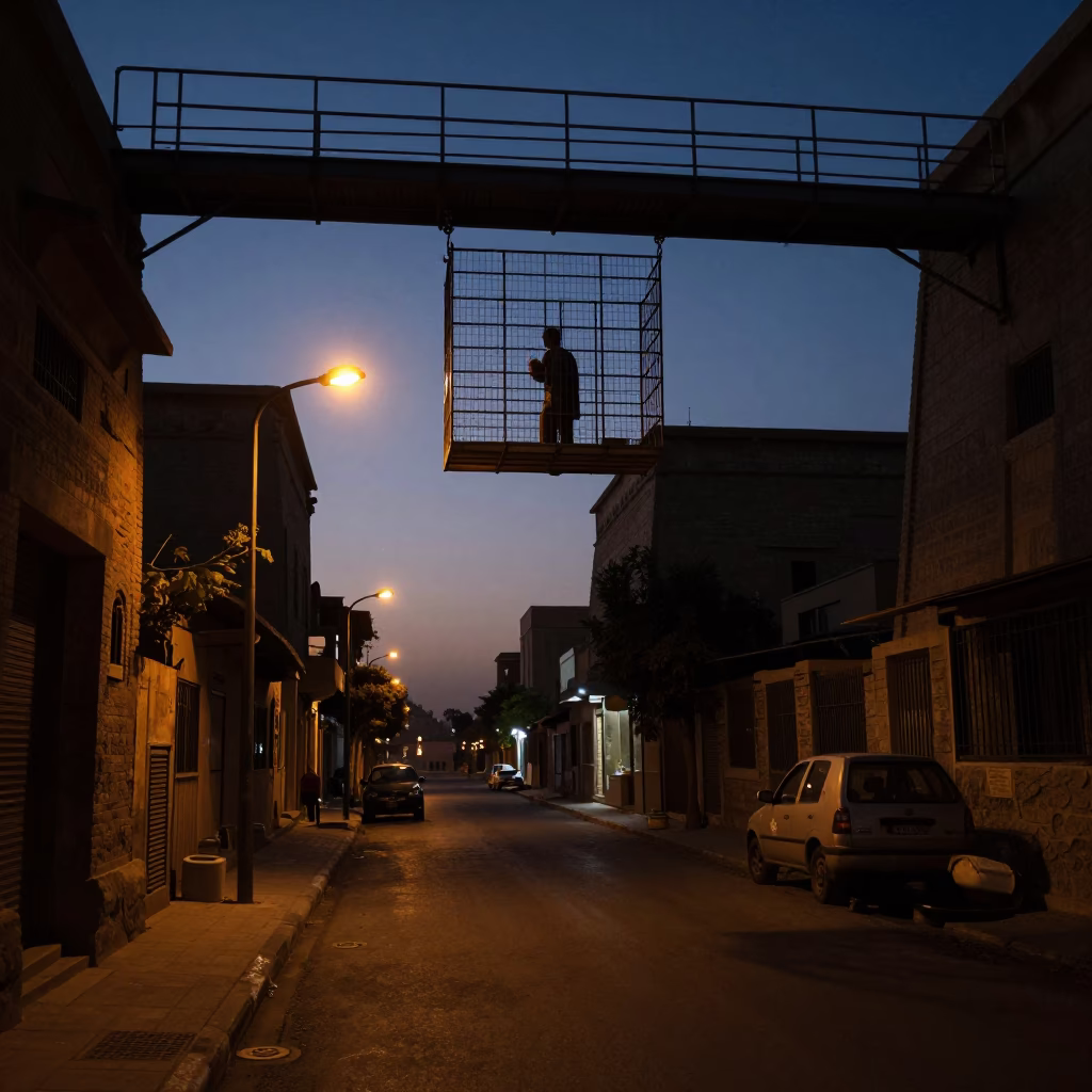 Predawn Luxor Street Scene with Maintenance Cage and Tea Stains in in Luxor, Egypt