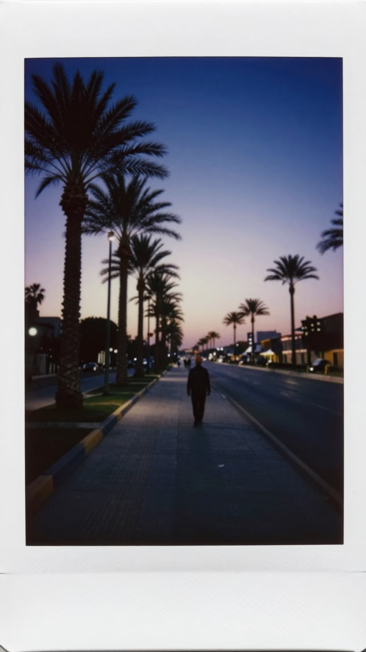 Predawn Luxor street scene with palm tree avenue and local commuter in Egypt in in Luxor, Egypt