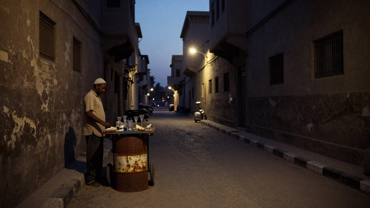 Predawn Luxor Street Scene with Rusty Bucket and Glass Jar in Darkness in in Luxor, Egypt