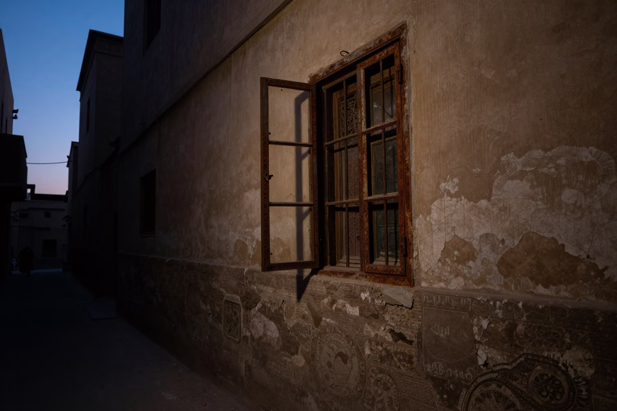 Predawn Luxor Street Scene with Rusty Window Frames and Cracked Stucco Walls in in Luxor, Egypt