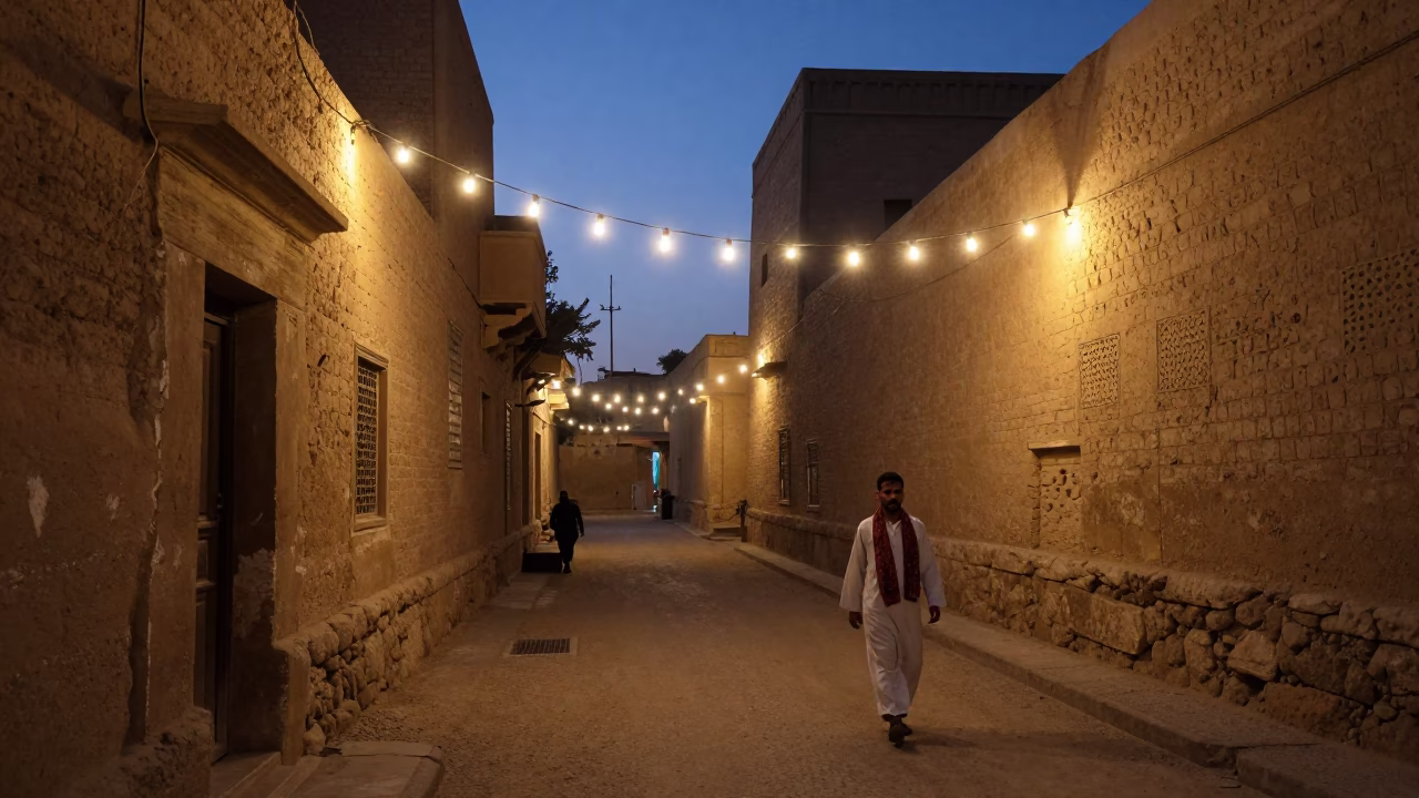 Predawn Luxor Street Scene with String Lights and Scarf in Egypt in in Luxor, Egypt