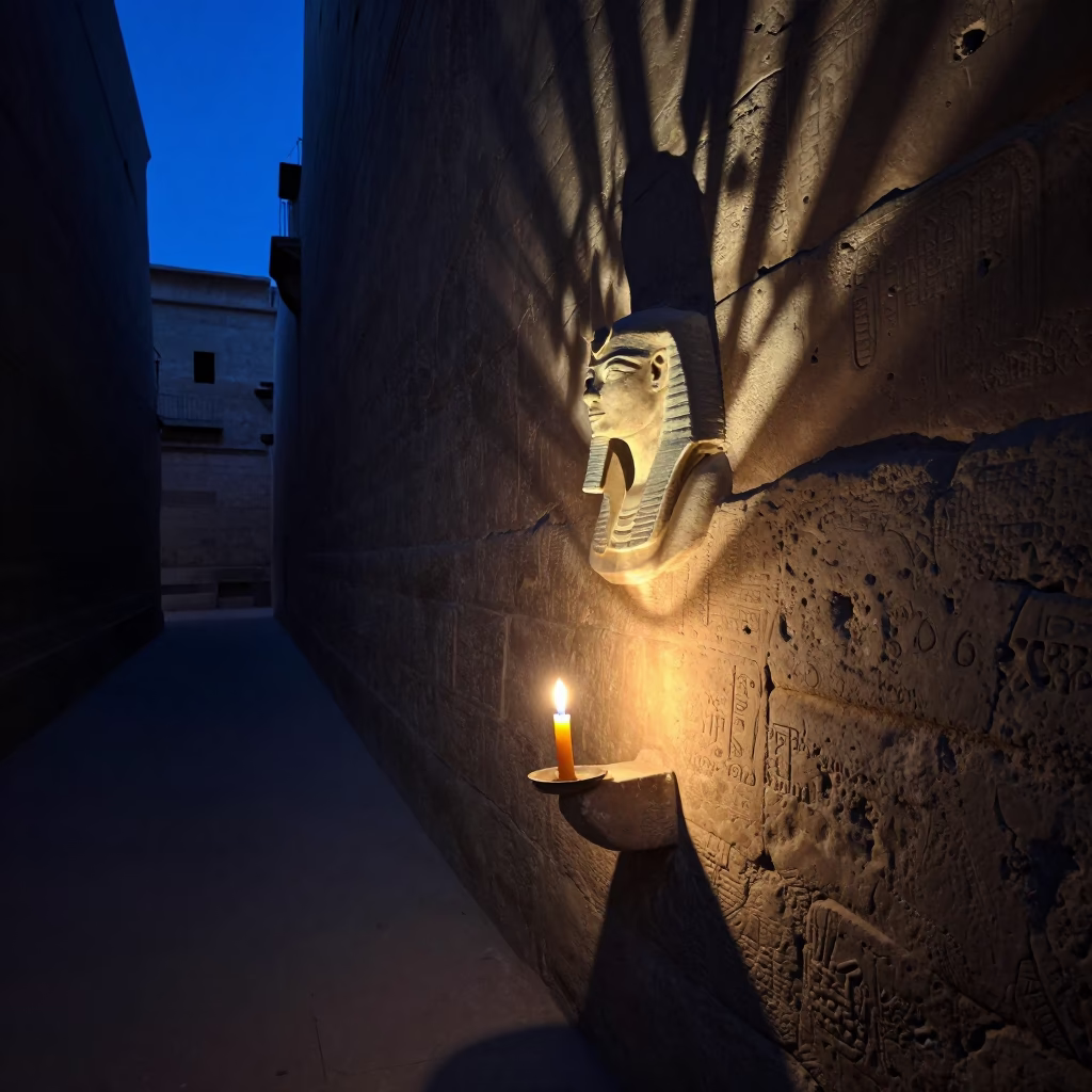 Predawn Luxor Street Scene with Taper Candle Illuminating Plaster Wall and Dappled Shadows in in Luxor, Egypt