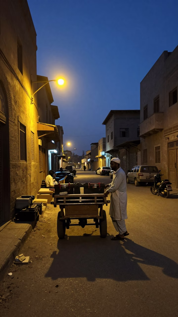Predawn Luxor Street Scene with Toolboxes and Local Commerce in Egypt in in Luxor, Egypt