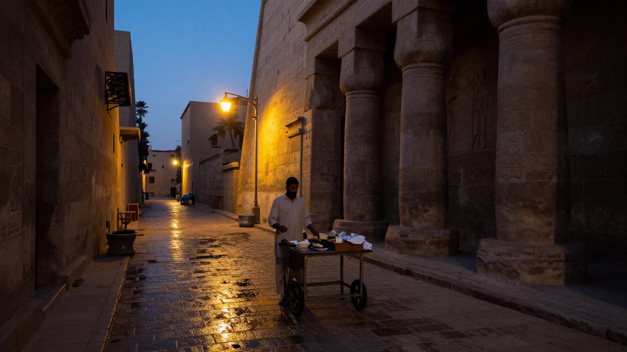 Predawn Luxor Street Scene with Traditional Egyptian Breakfast and Local Architecture in in Luxor, Egypt
