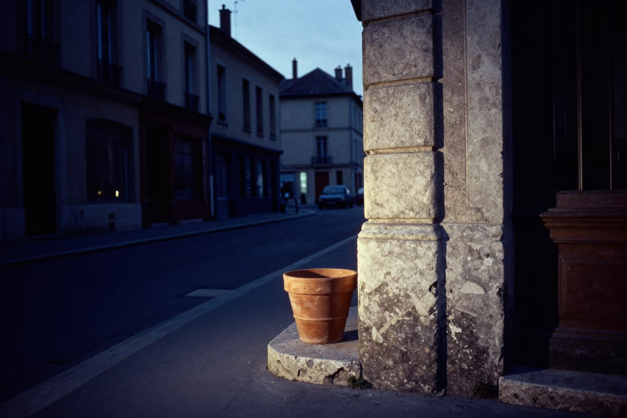 Predawn Lyon France Street Scene with Terracotta Pot and Linen Fringe Plaster Wall in in Lyon, France