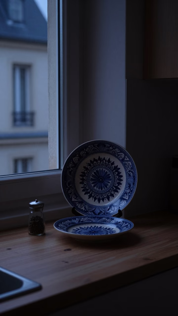 Predawn Lyon Kitchen with Vintage Italian Majolica Plate and Spice Jar in in Lyon, France
