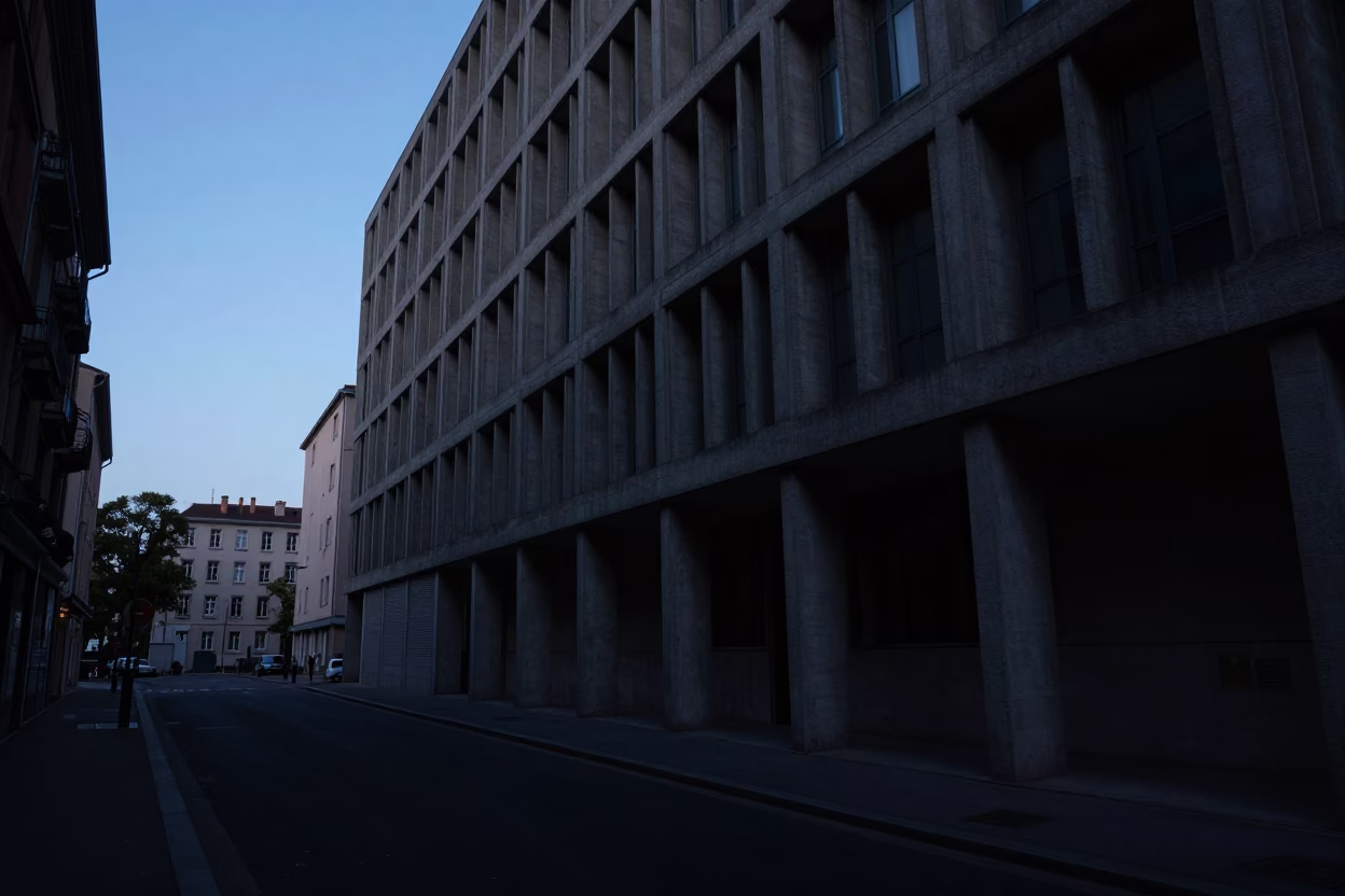 Predawn Lyon Street Scene with Concrete Brutalist Architecture and Rust Details in in Lyon, France