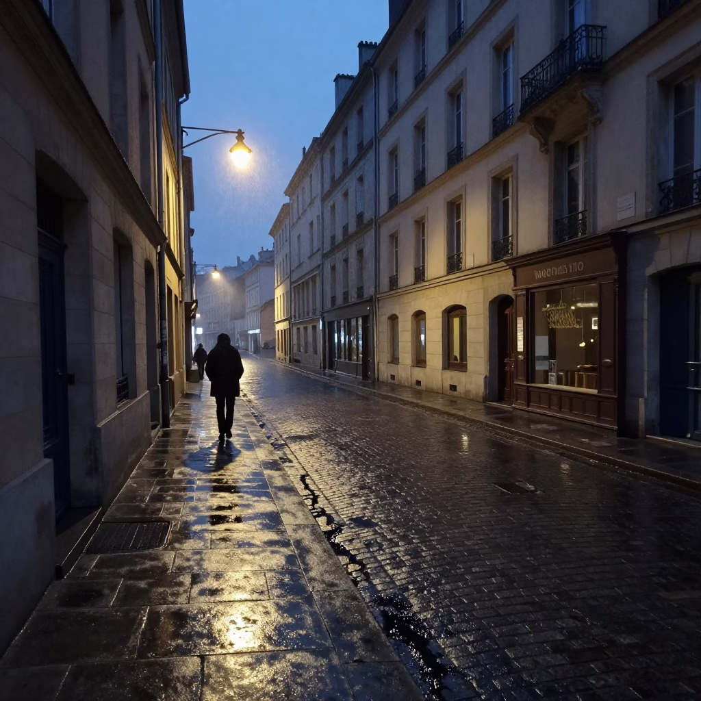 Predawn Lyon Street Scene with Condensation and Grease Sheen on Cup in in Lyon, France