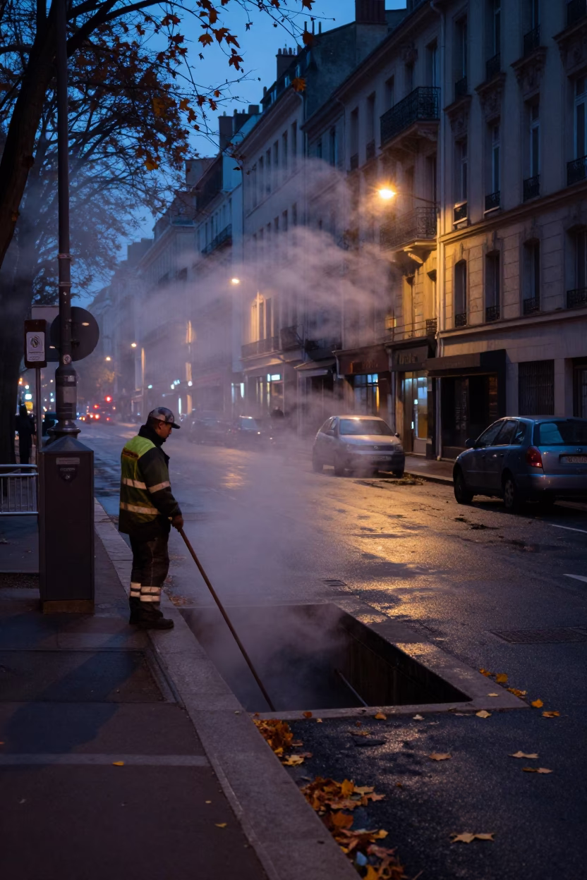 Predawn Lyon Street Scene with Steam Pipes and Urban Infrastructure in Early Morning Darkness in in Lyon, France