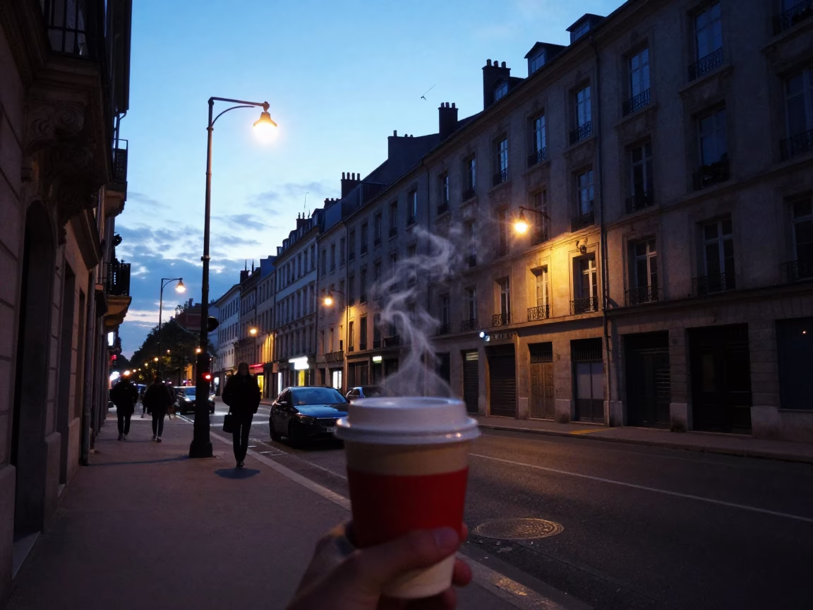 Predawn Lyon street scene with steaming coffee cup and glowing substation lights in France in in Lyon, France