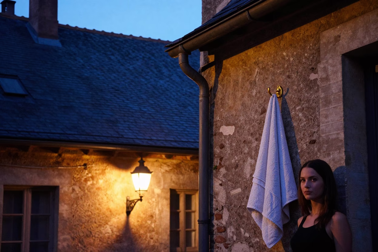 Predawn Lyon Street Scene with Towel Hook and Model Airplane on Historic Balcony in in Lyon, France