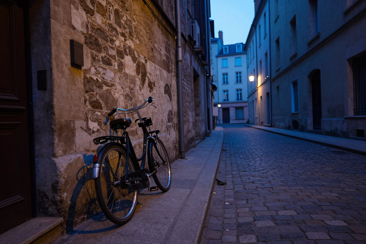 Predawn Lyon Street Scene with Vintage Bicycle and Cobblestone Alley in in Lyon, France