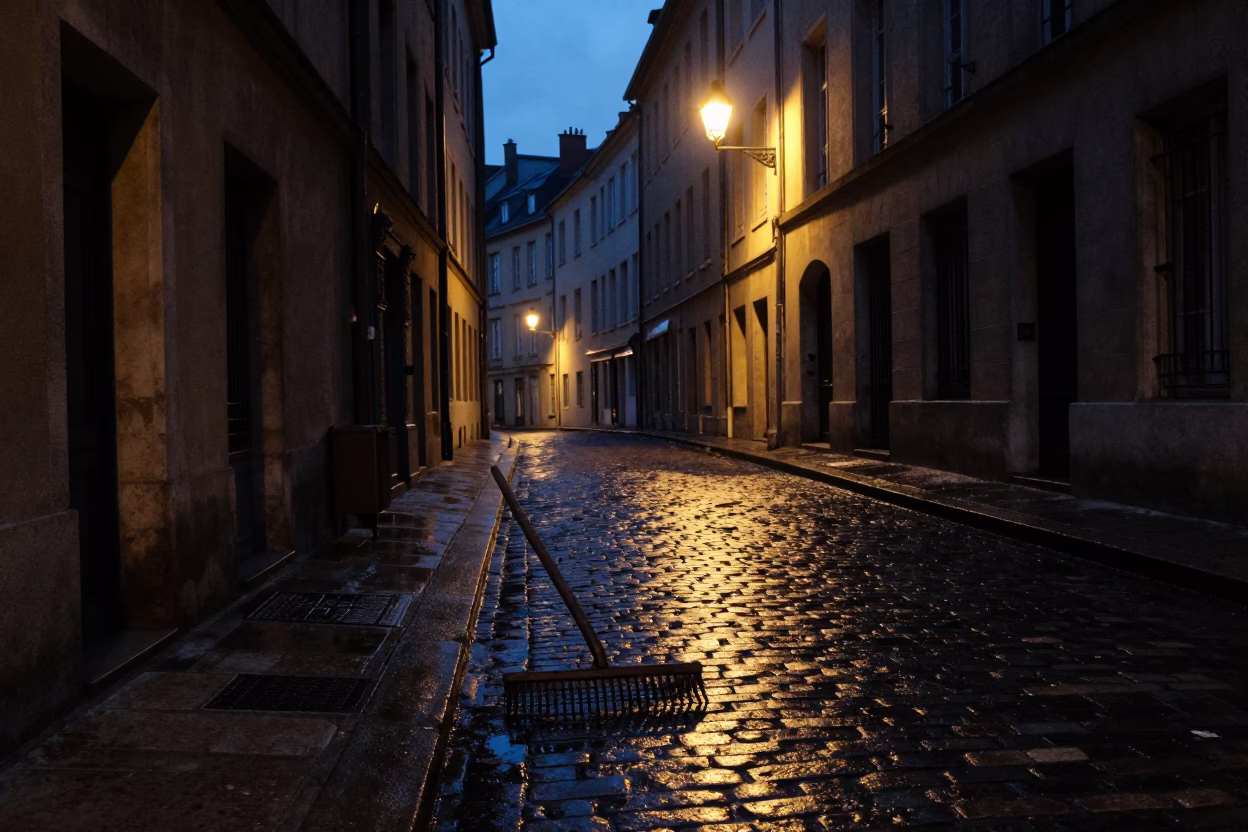 Predawn Lyon Street Scene with Vintage Rake Head and Cobblestone Alley in in Lyon, France