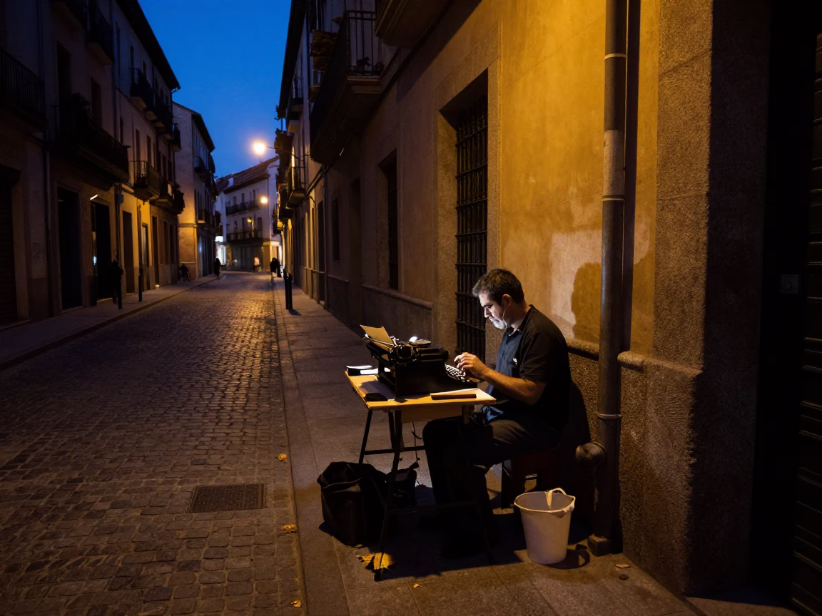 Predawn Madrid Spain Street Scene with Typewriter Repairman and Leaf Shadows in in Madrid, Spain