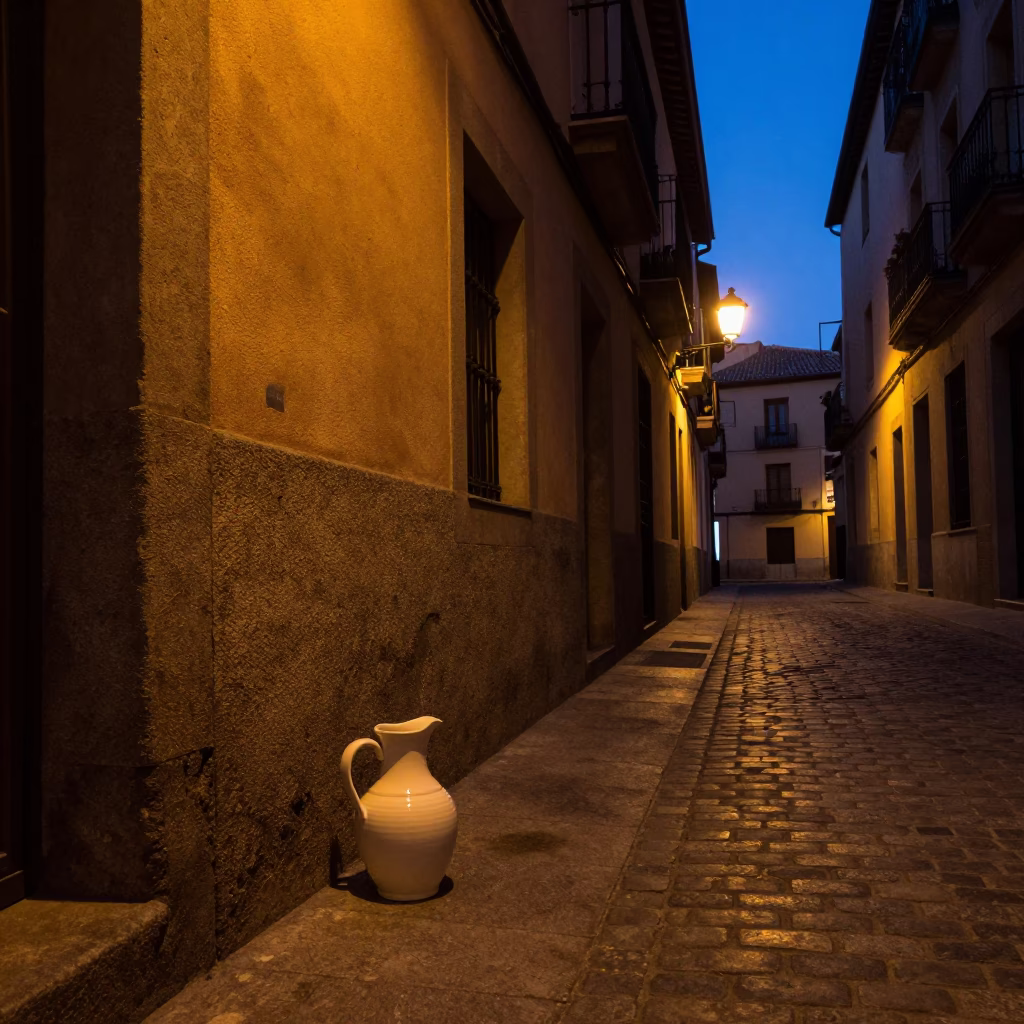 Predawn Madrid Street Scene with Ceramic Pitcher and Mason's Tools in in Madrid, Spain