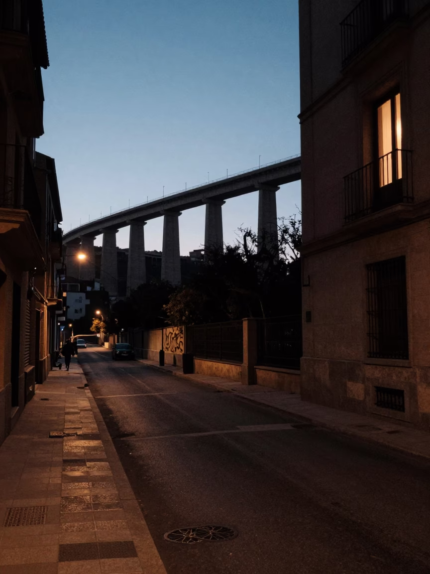 Predawn Madrid Street Scene with Concrete Viaduct and Window Light Reflections in in Madrid, Spain