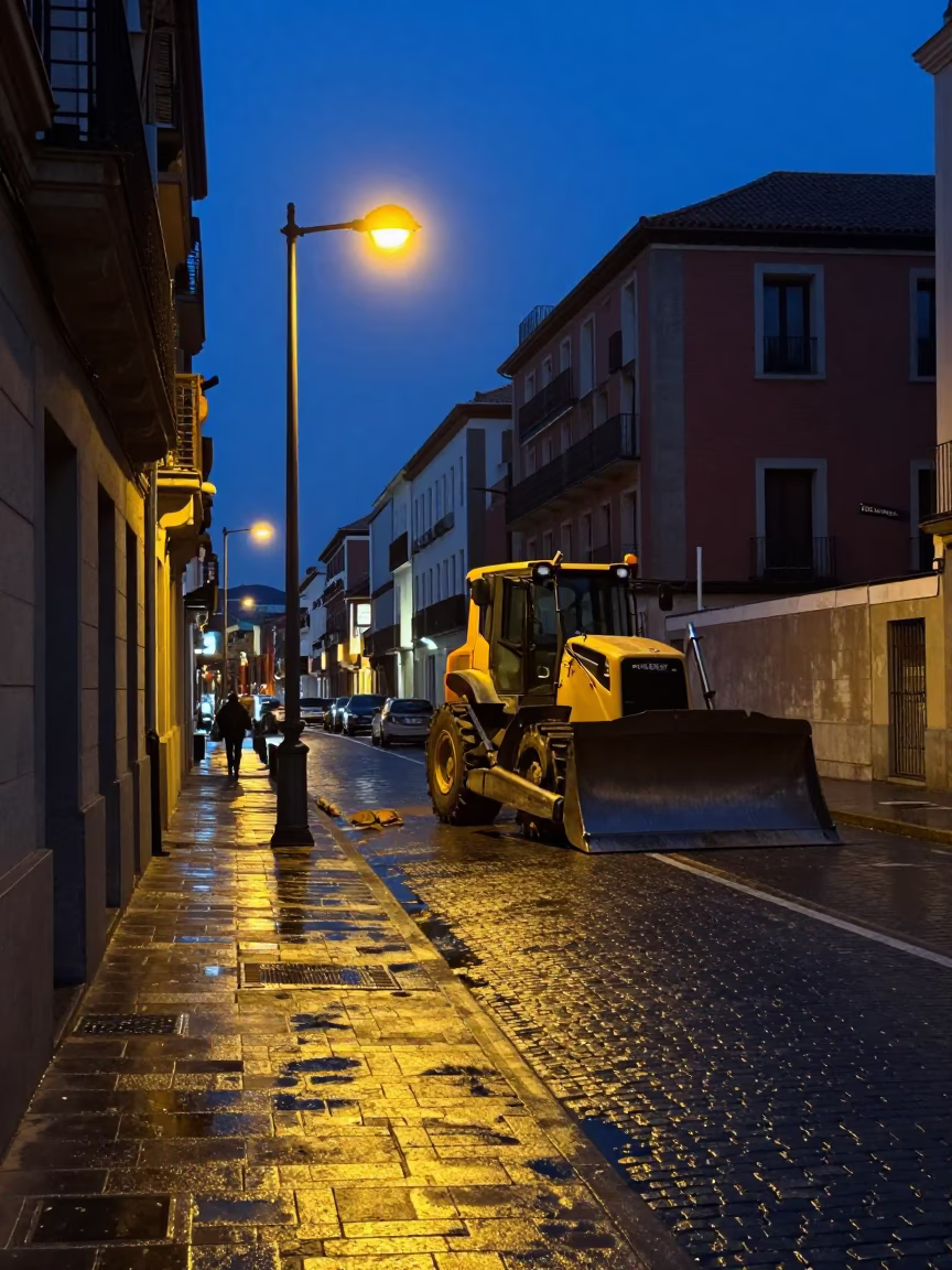Predawn Madrid Street Scene with Construction Activity and Local Breakfast Elements in in Madrid, Spain