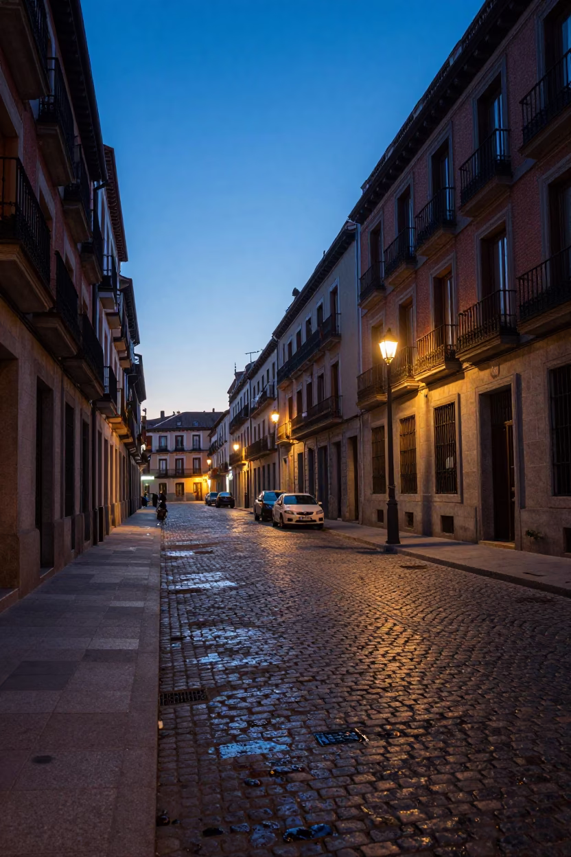Predawn Madrid Street Scene with Grease Sheen on Cobblestones and Early Morning Light in in Madrid, Spain