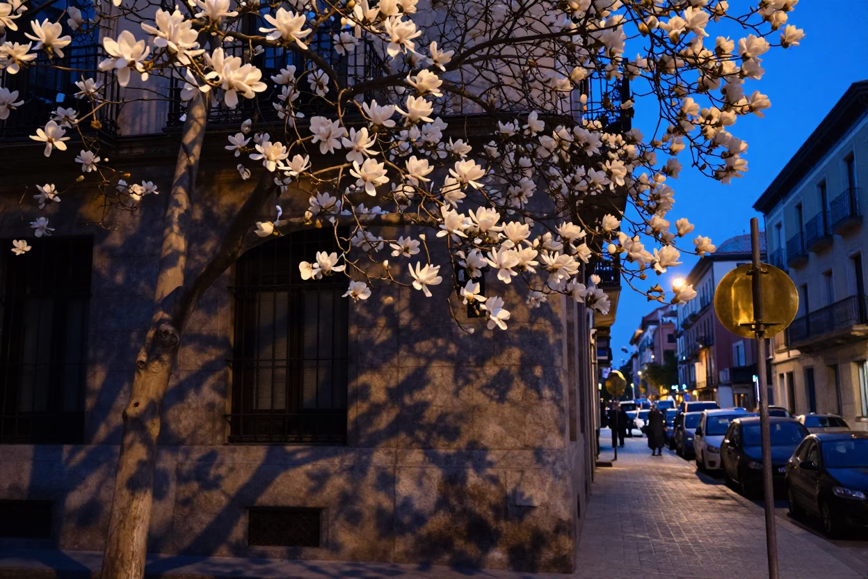 Predawn Madrid Street Scene with Magnolia Blossoms and Brass Fixtures in in Madrid, Spain