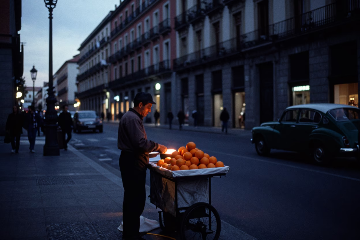 Predawn Madrid Street Scene with Orange Vendor and Vintage Red Car in in Madrid, Spain