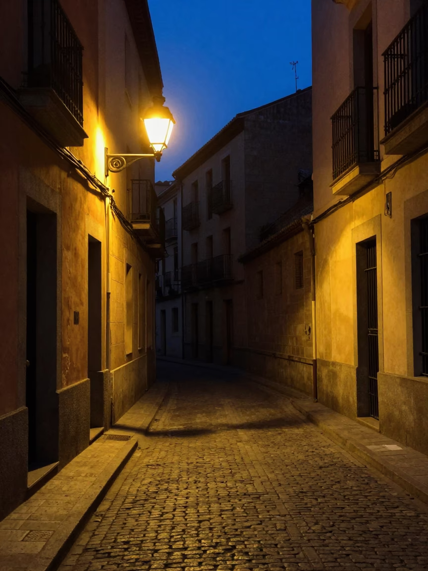 Predawn Madrid street scene with solitary streetlamp and quiet urban architecture in in Madrid, Spain